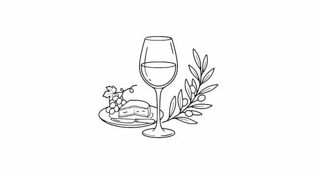 Line art illustration of wine glass cheese grapes and olive branch arranged on white background with black outline drawing