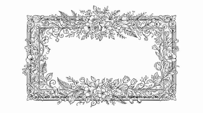 A detailed rectangular floral frame illustration featuring ornate borders and hand drawn botanical elements isolated