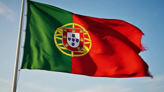 The national flag of portugal waving against a clear blue sky