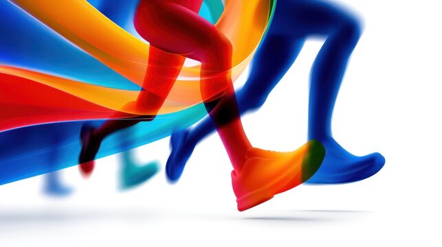 Athletic figures in motion with vibrant abstract streaks