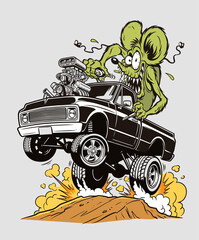Green monster mouse on pickup truck. Hot rod t shirt design. Vintage racing artwork.. Hot rod truc © rahel lila
