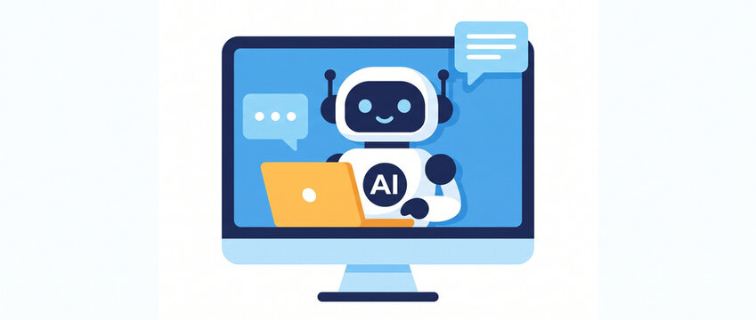 Friendly AI Chatbot on Computer Screen with Speech Bubbles