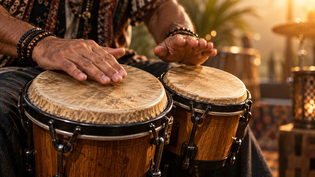Rhythmic Hands on Bongos: A close-up shot captures a person's hands skillfully playing a set of bongo drums, evoking a sense of rhythm and cultural expression.