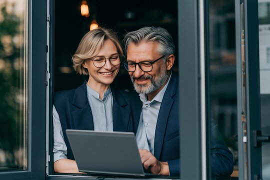 Smiling mature business couple working together on a laptop while sitting by a window in a cafe