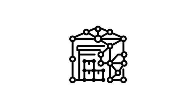 Smart warehouse icon with connected network nodes and storage boxes on transparent