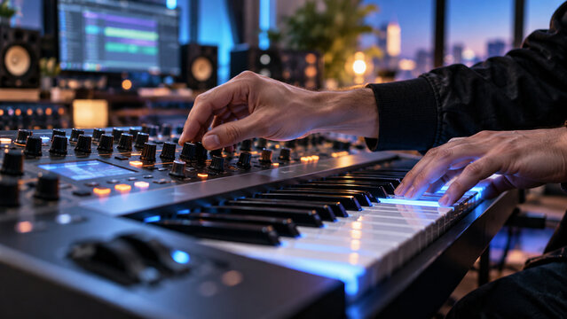 Close-up of a musician's hands playing a synthesizer in a modern recording studio, with glowing keys and sound equipment in the background.