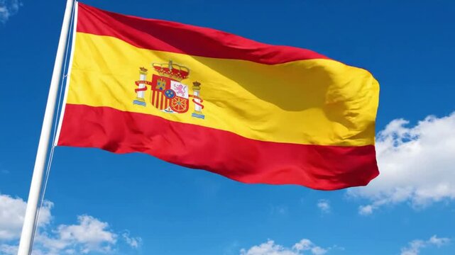 The national flag of spain waving against a clear blue sky