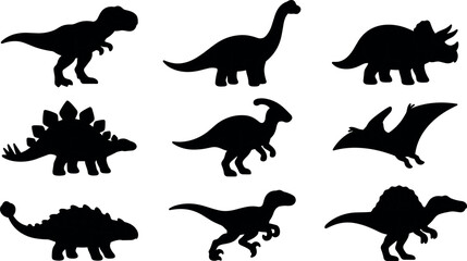 Obraz premium Dinosaur silhouette vector collection featuring tyrannosaurus rex triceratops raptor and stegosaurus isolated on white background