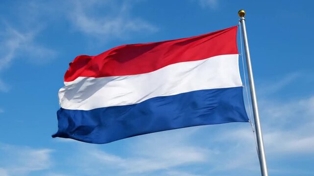 A vibrant dutch flag flying on a pole against a blue sky