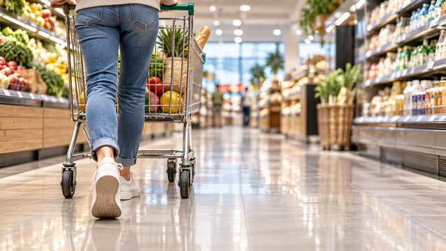 Grocery Shopping Journey: A shopper pushes a full cart down a brightly lit supermarket aisle, showcasing fresh produce and packaged goods, inviting a sense of everyday life and consumerism.