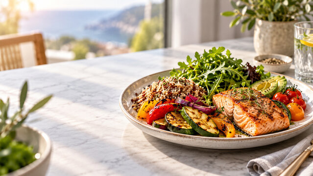 Grilled Salmon and Quinoa Bowl: A healthy and vibrant grilled salmon and quinoa bowl, adorned with fresh greens and colorful grilled vegetables.