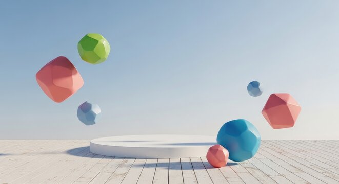Abstract 3D Geometric Shapes Floating Above White Podium on Wooden Surface.