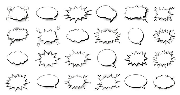 Comic speech bubbles set. Retro pop art speech balloons, halftone dots burst frames, cloud thought and oval talk bubbles and explosive message shapes. Cartoon dialog elements vector illustration