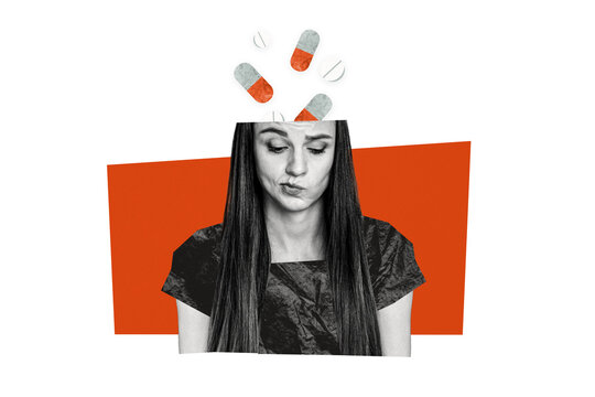 Creative image collage sad woman antidepressant pills apathy unhappy addiction mental disease treatment drawing background