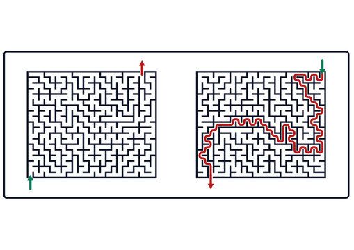 Maze puzzles with solved path and unsolved maze layout  