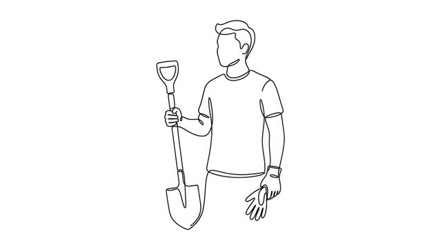 Continuous line drawing of a gardener holding a shovel