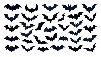 Fototapeta premium Black flying bats vector silhouette set featuring spooky halloween decoration elements collection isolated on white background