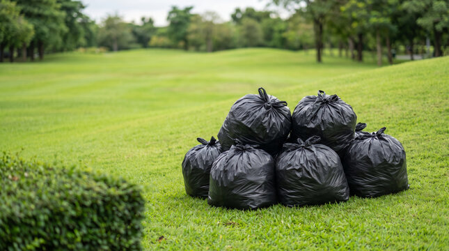 Plastic pollution removal bag pile green grass. Waste trash garbage crisis. cleanup cleaning disposal management, recycling conservation sustainability solution