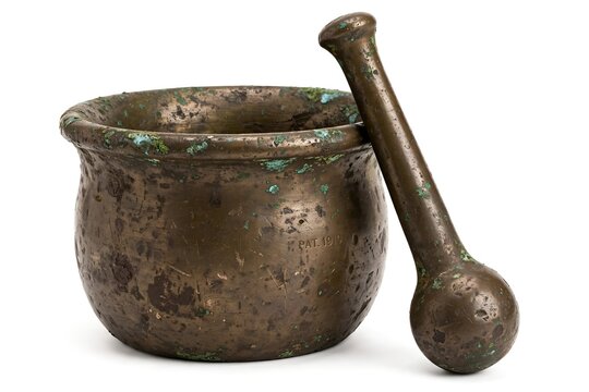 An aged antique brass mortar and pestle featuring green verdigris tarnish and a 1910 patent stamp mark, isolated on a plain white background