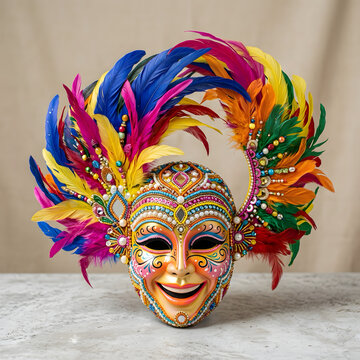 Vibrant colorful smiling MassKara festival mask with bright feathers