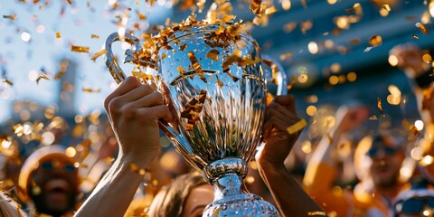 Naklejka premium Shiny silver trophy held high amidst golden confetti, celebrating victory with joyful crowd in vibrant sunlight, dynamic and triumphant sports moment.