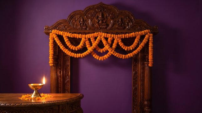 A beautifully decorated doorway welcomes the festival of lights diwali with vibrant marigolds and a glowing diya
