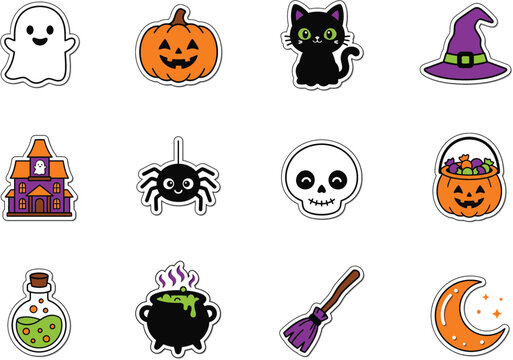 Kawaii Halloween sticker collection with smiling ghost, jack-o-lantern, green-eyed black cat, purple witch hat, haunted mansion, candy pumpkin basket and sparkly moon isolated