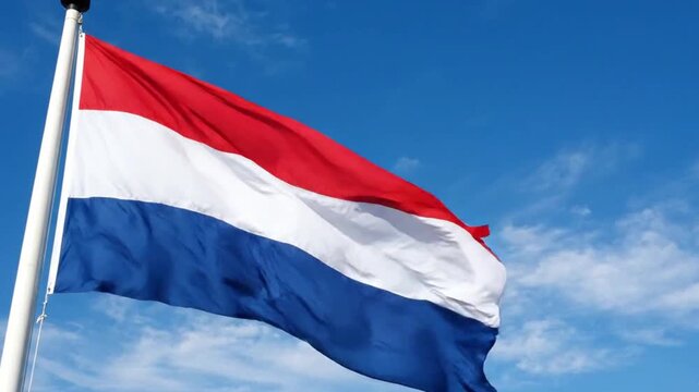 The national flag of the netherlands waving in the wind against a clear blue sky