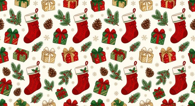 Classic seamless Christmas pattern with stockings, gifts, fir branches and snowflakes for festive wrapping paper and holiday products.
