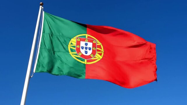 National flag of portugal waving against a clear blue sky