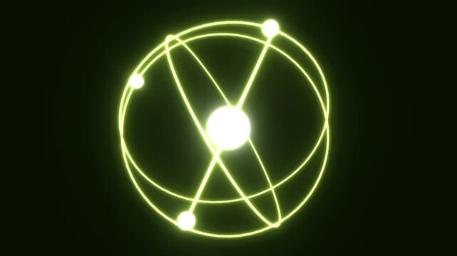 Glowing green atom model with spinning electrons, scientific nuclear energy animation, futuristic physics particle motion