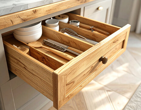 Deep cabinet drawer storing plates utensils and cookware