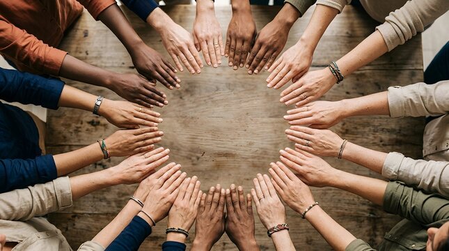 Diverse group of people joining hands together in a circle to represent teamwork, community, unity, friendship on white background