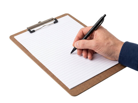 Hand writing on lined paper on clipboard with black pen for note taking.