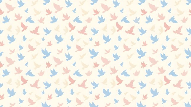 Elegant flying bird pattern featuring soft pastel blue pink and cream silhouettes created as seamless digital artistic print on white background