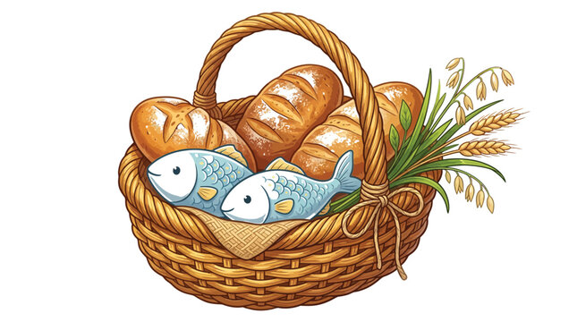 Woven wicker basket containing freshly baked crusty bread loaves and two blue fish with wheat