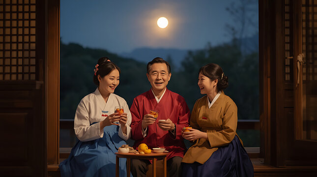 Happy Korean family in traditional hanbok celebrating Chuseok under glowing full moon