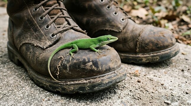 Green lizard resting on weathered brown work boots in a natural setting
