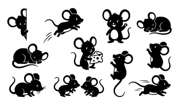 Cute Cartoon Mouse Silhouette Set with Playful Animal Characters, Cheese and Funny Poses in Black White Vector Artwork