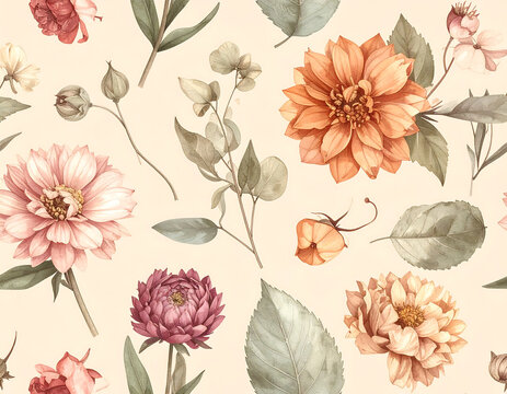 Vintage watercolor seamless pattern with peach dahlias, plum blossoms, and sage leaves