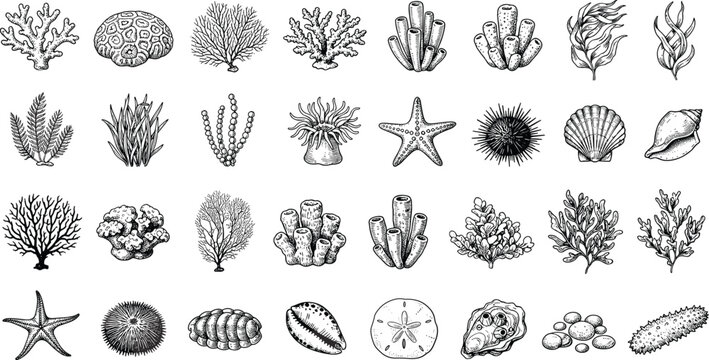 Hand Drawn Marine Life and Ocean Botanical Illustration Collection with Coral, Seaweed, Sponges, Starfish, Urchins, Shells, Oyster, Sand Dollar, and Seashells