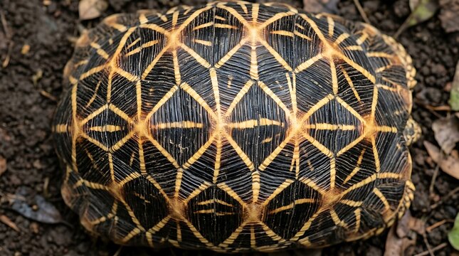 Star tortoise shell displays a geometric pattern on dark ground