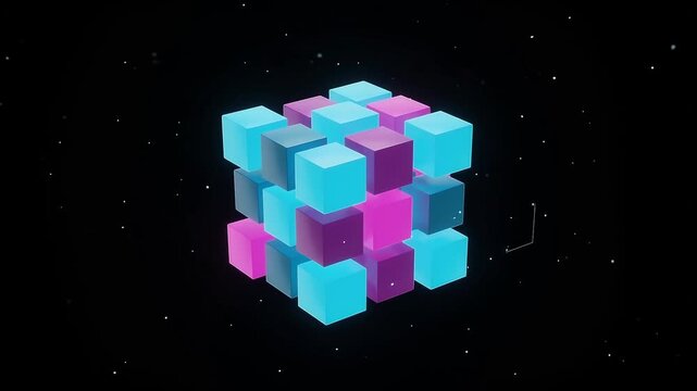 Isometric view of colorful glowing cubes forming a larger cube in abstract digital space.