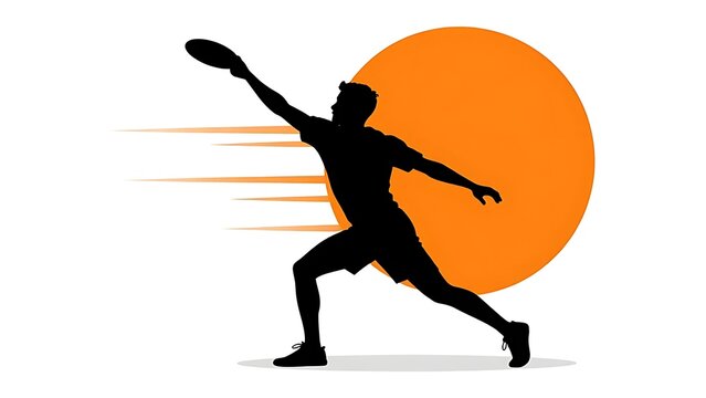 Dynamic vector silhouette illustration of an athlete throwing a flying disc frisbee against an orange sun circle background representing ultimate frisbee sport speed, motion, and active lifestyle
