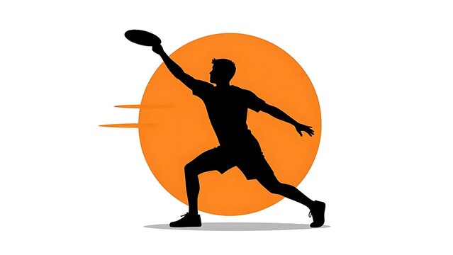 Dynamic vector silhouette illustration of an athlete throwing a flying disc frisbee against an orange sun circle background representing ultimate frisbee sport speed, motion, and active lifestyle