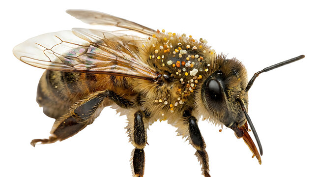 Macro photography of a honey bee covered in yellow pollen isolated on a pure white background