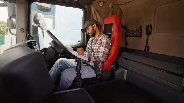 Professional truck driver writing in logbook inside right hand drive car