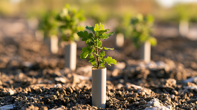 Young oak tree sapling Quercus robur protected by a plastic tube in a forest regeneration project under warm sunset light at a nursery