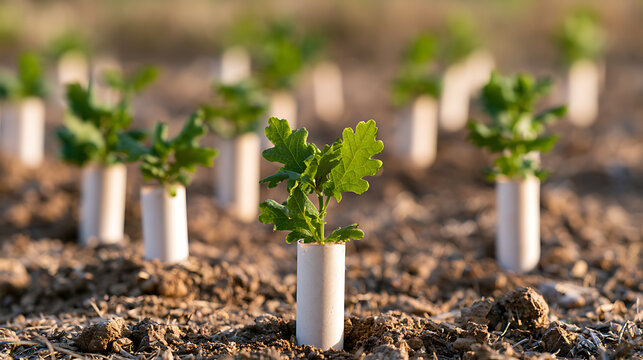 Young oak tree sapling Quercus robur protected in plastic sleeve on soil field in forest reforestation project for nature conservation initiative