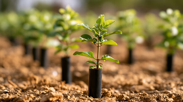 Young tree saplings, scientifically known as Plantae, growing in black plastic bags for agriculture, reforestation, and environmental care